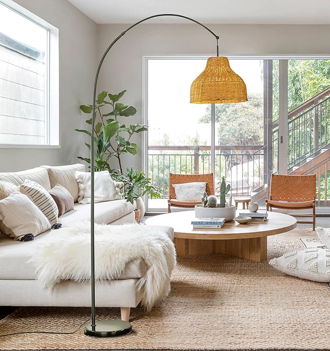 ALOADECOR 75" 1-Light Matte Black Arc Floor Lamp with Brown Rattan Shade and Marble Base Farmhouse Rattan Floor Lamp for Living Room Dining Room Bedroom
