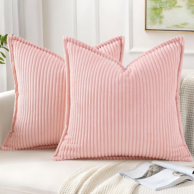 Mecatny Corduroy Throw Pillow Covers 16x16 Set of 2, Neutral Decorative Soft Boho Couch Pillow Covers with Broadside for Sofa Living Room, Pink