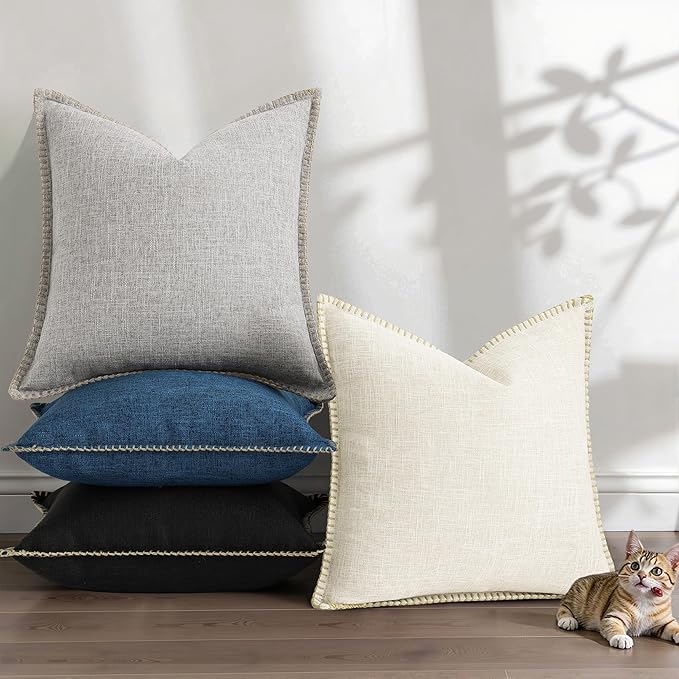 decorUhome Decorative Outdoor Throw Pillow Covers 26x26 Set of 2, Square Linen Rustic Neutral Farmhouse Euro Pillow Covers with Stitched Edge for Couch, Sofa, Living Room, Black