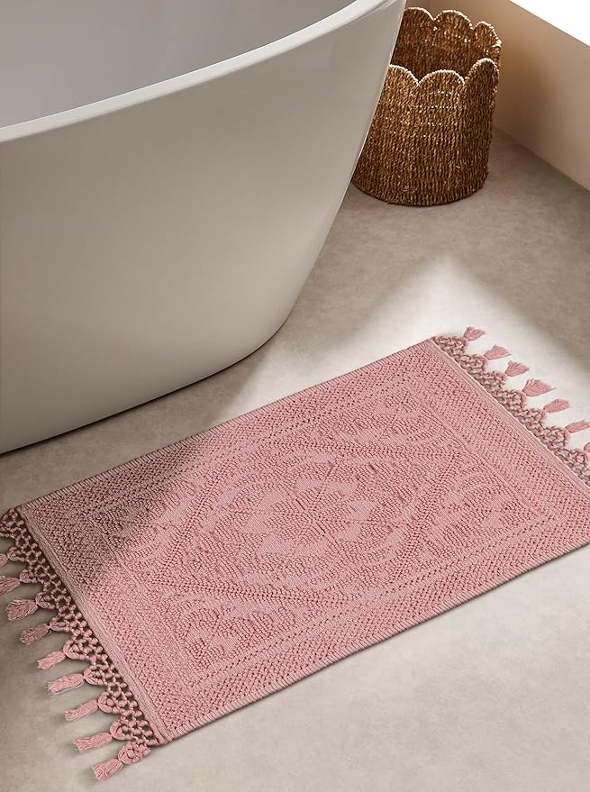 Savi Home Cotton Woven Jacquard Bathroom Rug, Woven Fringe Bathroom Mats, 100% Cotton, Non - Slip Bath Mat, Durable Thick Bath Mat 17”x30” with Fringes, Baby Pink