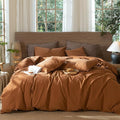 MooMee Wavy Striped Duvet Cover Set 100% Washed Cotton Linen Like Textured Breathable Durable Soft Comfy (Dark Orange, Super King 108"x98")
