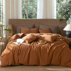 MooMee Wavy Striped Duvet Cover Set 100% Washed Cotton Linen Like Textured Breathable Durable Soft Comfy (Dark Orange, Super King 108"x98")