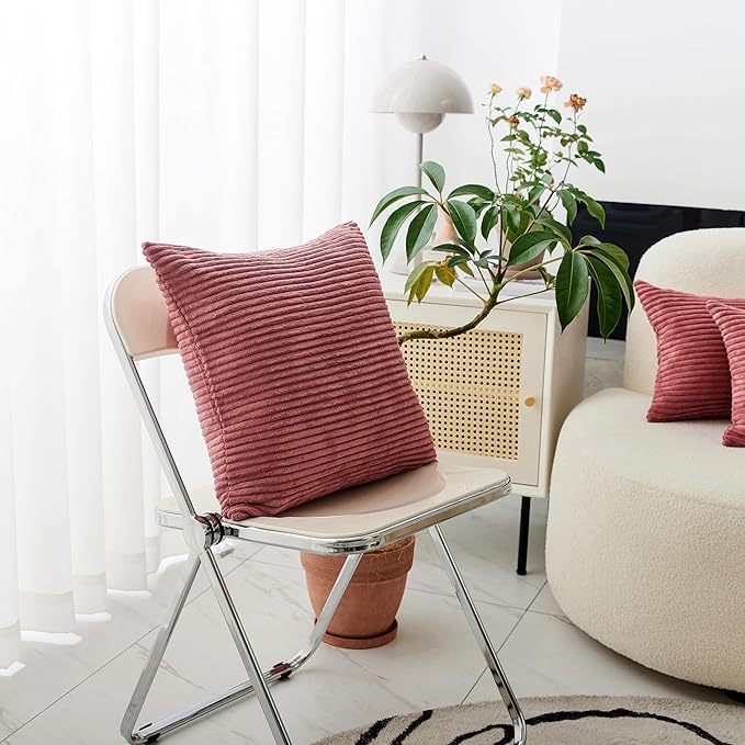 Home Brilliant Set of 2 Throw Pillow Covers Striped Velvet Couch Pillow Cushion Covers Decorative Throw Pillows for Bed, 40 x 40cm, 16 x 16 Inch, Dry Rose Pink