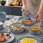 LIANYU Dinnerware Plates and Bowls Dishes Set, 24 Piece Elegant Stoneware Sets with Pasta Bowls for 6, Modern Ribbed Ceramic Dining Ware Dishware for Restaurant Wedding, Dishwasher Safe, Slate Blue
