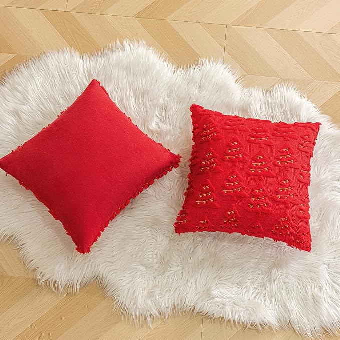 AQOTHES Christmas Tree Decorative Red Throw Pillow Covers 20x20 Set of 2, Faux Fur Farmhouse Throw Pillows Cushion Cases for Xmas Winter Holiday Home Decor