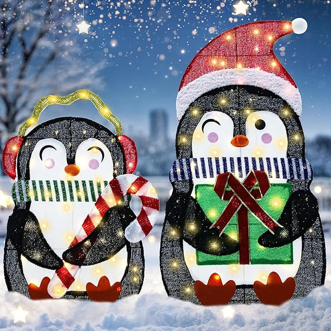 35In Christmas Lighted Penguins, Set of 2 Christmas Decorations Outdoor with 120 LED Lights,Xmas Pre-Lit Penguin Family Set,Light Up Decor with Stakes for Holiday, Yard, Lawn and Garden