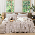 MooMee Gingham Duvet Cover Set 100% Washed Cotton Linen Like Textured Breathable Durable Soft Comfy Modern Checkered Design (Brown Gingham, Twin 68"x90")