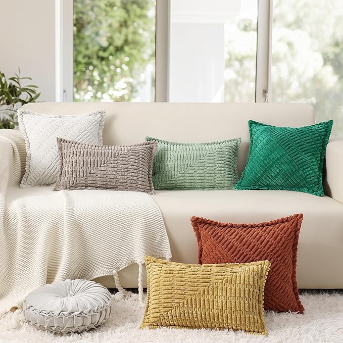 decorUhome Decorative Sage Green Throw Pillow Covers 22x22 Set of 2 with Splicing, Boho Soft Neutral Corduroy Broadside Twill Pillow Covers for Couch Bed Sofa Living Room