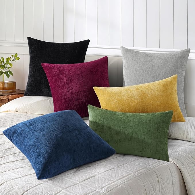 decorUhome Chenille Grey Throw Pillow Covers 20x20 Inch Set of 2, Decorative Soft Couch Pillow Covers Solid Dyed Accent Velvet Farmhouse Neutral Square Pillow Cases for Sofa Bed Living Room