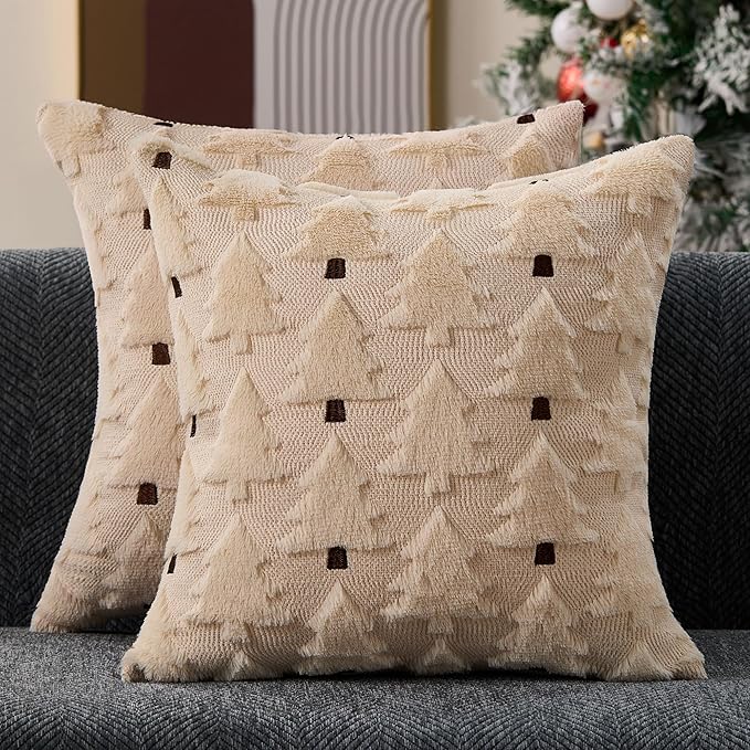 Christmas Pillow Covers 16x16 inch Set of 2 Christmas Decorations Soft Plush Faux Fur Wool Beige Xmas Tree Throw Pillow Cases Winter Holiday Decor for Sofa Living Room PT-012R16
