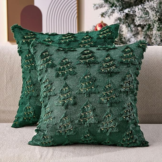 Christmas Pillow Covers 18x18 inch Set of 2 Soft Plush Faux Fur Christmas Decor Green Xmax Tree Yellow Colored Lights Decoration Throw Pillow Case for Winter Holiday Sofa Living Room PT003A18