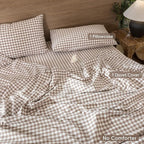 MooMee Gingham Duvet Cover Set 100% Washed Cotton Linen Like Textured Breathable Durable Soft Comfy Modern Checkered Design (Brown Gingham, Twin 68"x90")