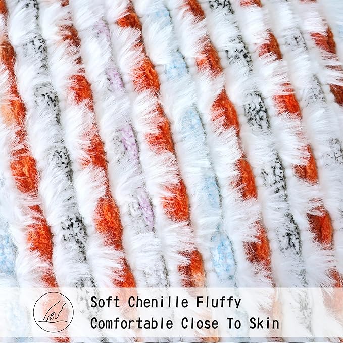 Boho Chenille Tufted Pillow Cover 18x18 Inch Set of 1, Farmhouse Striped Decorative Pillow Covers Accent Fluffy Neutral Square Pillowcases for Couch Sofa Bedroom Living Room, Orange White