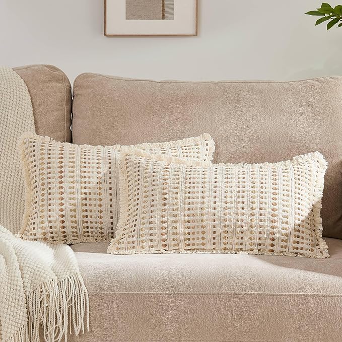 Decorative Pillow Covers Set of 2, Boho Farmhouse Couch Throw Pillows with Tassels, Textured Small Dot Pattern Cushion Cases for Sofa Living Room Home Decor (Beige, 12" x 20" (Pack of 2))