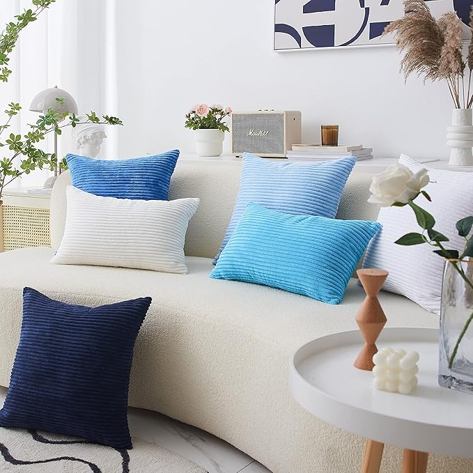 Home Brilliant Blue Decorative Pillows Large Throw Pillow Cover for Couch Bench 2 Packs Striped Velvet Floor Pillow Covers, 55x55cm, 22 x 22 Inch, Blue