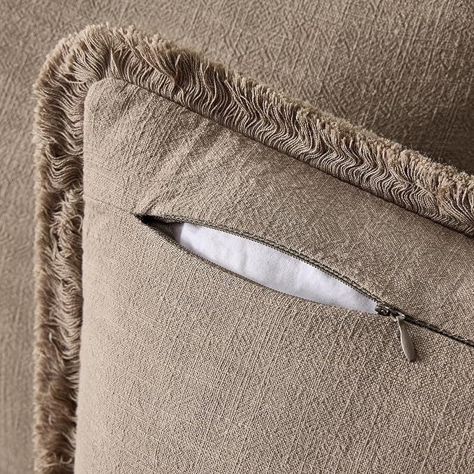 EMEMA Linen Fringe Throw Pillow Covers Set of 2 Boho Farmhouse Accent Decorative Pillowcase with Tassels for Couch Sofa Bed Living Room Home Decor 18x18 Inch,Coco Brown