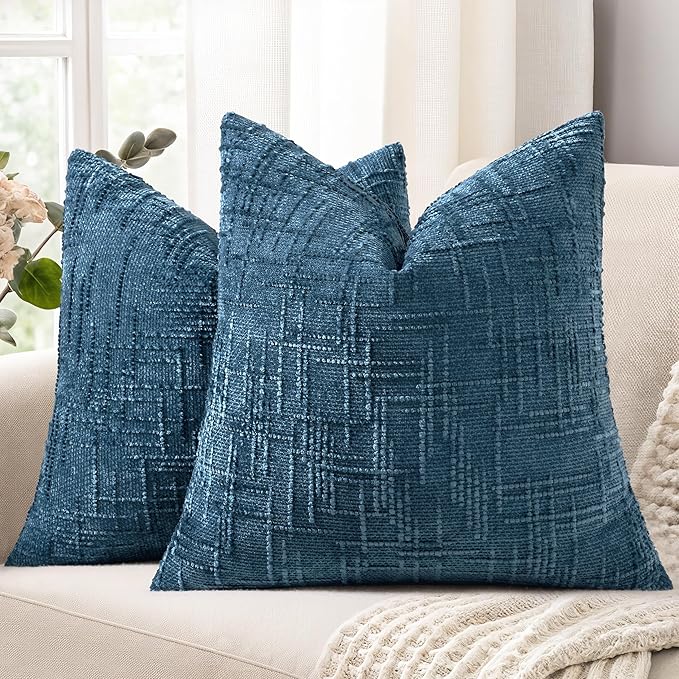 decorUhome Navy Blue Chenille Throw Pillow Covers 20x20 Set of 2 Thick Textured Slubby Couch Pillow Covers Farmhouse Accent Modern Neutral Decorative Pillow Cases for Bed Sofa Living Room