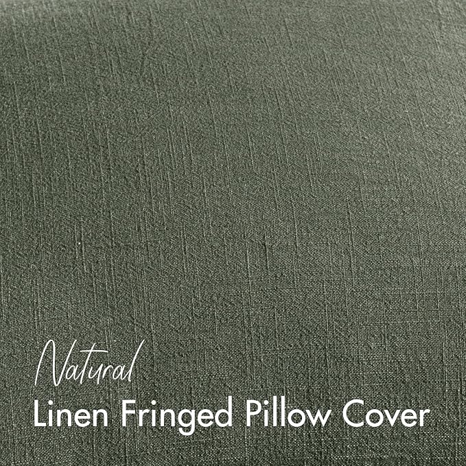 Woaboy Decorative Linen Fringe Throw Pillow Covers Boho Farmhouse Soft Accent Pillowcases with Tassels Christmas Home Decor for Livingroom Couch Sofa Bed,18x18 Inch Set of 2,Dark Olive Green