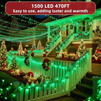470FT Christmas Lights Outdoor, 1500 LED Christmas Tree Decoration Lights with 12 Modes & Timer Memory, Dimmable Plug in Waterproof LED Xmas Light for Yard Trees Wedding Party Holiday Green