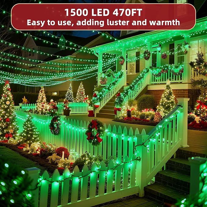 470ft Outdoor Christmas Lights, 1500 LED Super Long String Lights 12 Modes & Timer Memory, Dimmable Outsite Waterproof Light Strings for Xmas Tree Garden Wedding Party Holiday Decorations Green