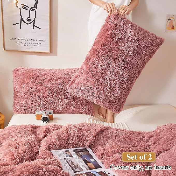 XeGe Faux Fur Dusty Pink Pillow Cases, Plush Shaggy Ultra Soft Fluffy Crystal Velvet Decorative Bed Pillowcases, Furry Fuzzy Pillow Shams with Zipper Closure, Set of 2 (King, Dusty Pink)