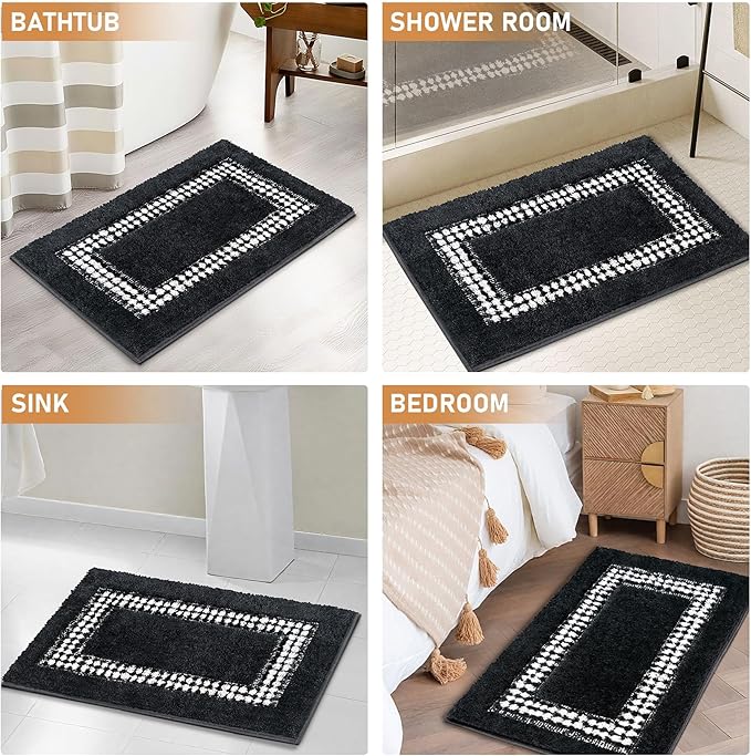 Black Bathroom Rugs 20x31, Non Slip Washable Bath Mats,Super Soft Microfiber Bathroom Mats, Plush Fluffy Absorbent Bath Rugs for Sink Tub Basin Shower Floor