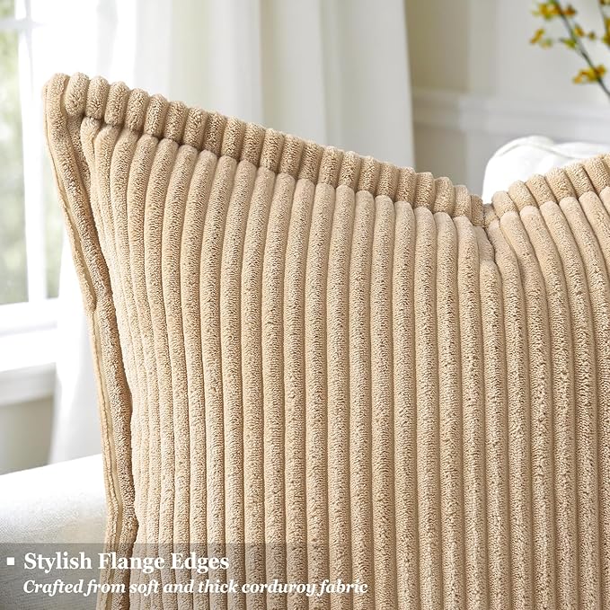 decorUhome Corduroy Light Brown Throw Pillow Covers 12x20 Set of 2 Decorative Soft Boho Farmhouse Lumbar Euro Couch Pillow Covers for Living Room Bed Sofa Broadside Striped Pillow Cases