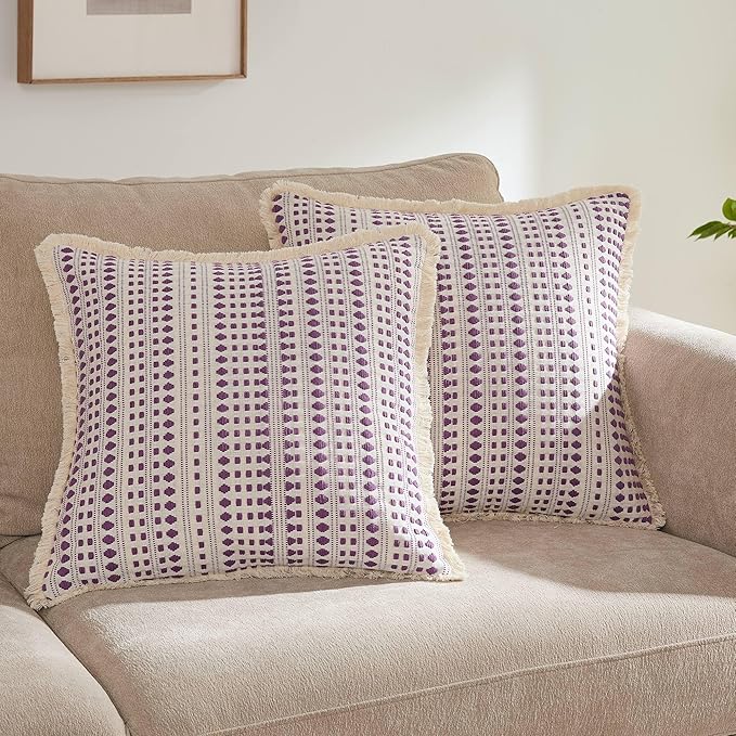 Decorative Pillow Covers Set of 2, Boho Farmhouse Couch Throw Pillows with Tassels, Textured Small Dot Pattern Cushion Cases for Sofa Living Room Home Decor (Purple, 18" x 18" (Pack of 2))