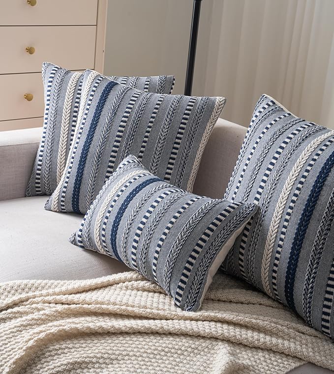 Boho Throw Pillow Covers 22x22 Inch Set of 2, Farmhouse Decorative Couch Pillow Cases, Navy Blue Accent Pillows of Bed, Sofa Bedroom Living Room Home Decor Cushion Cover