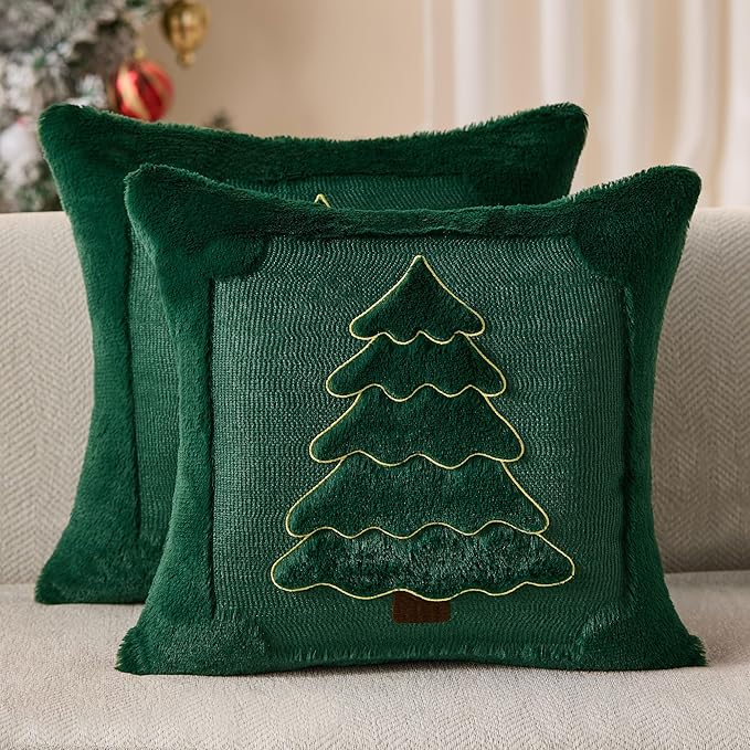 DFXSZ Christmas Pillow Covers 18x18 Yellow Line Green Christmas Tree Decoration Soft Plush Faux Fur Jacquard Throw Pillows for Bedroom Sofa Holiday Festivals Winter Home Decor PTK062A18