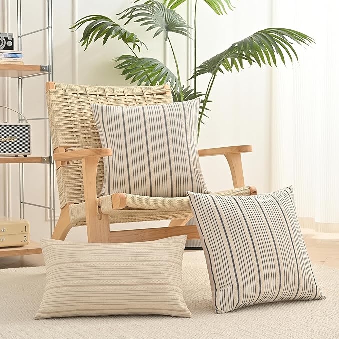 Gray Pillow Covers Farmhouse Linen Throw Pillow Covers Striped Outdoor Decorative Square Throw Pillows for Couch Sofa Bed 18x18 in Pack of 2 Gray and Cream