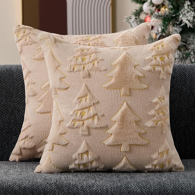 Christmas Pillow Covers 20x20 inch Set of 2 Soft Plush Faux Fur Christmas Decor Beige Xmax Tree Yellow Colored Lights Decoration Throw Pillow Case for Winter Holiday Sofa Living Room PT013C20
