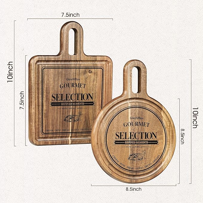 Acacia Cheese Board and Small Cutting Board Set with Groove, Round & Square Wooden Charcuterie Serving Boards for Cheese, Meat, Bread, Fruit – Kitchen & Gift Set