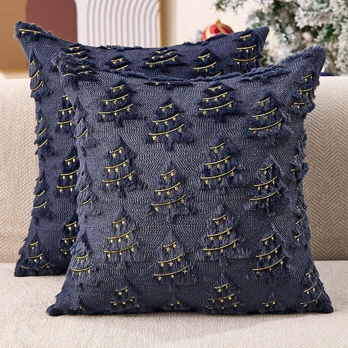Christmas Pillow Covers 18x18 inch Set of 2 Soft Plush Christmas Decor Navy Blue Xmax Tree Yellow Colored Lights Decoration Throw Pillow Case for Winter Holiday Sofa Living Room PT003H18