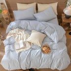 MooMee Striped Duvet Cover Set 100% Washed Cotton Linen Like Textured Breathable Durable Soft Comfy (Cornflower Blue White Wide Stripes, Oversized King Plus 128"x120")