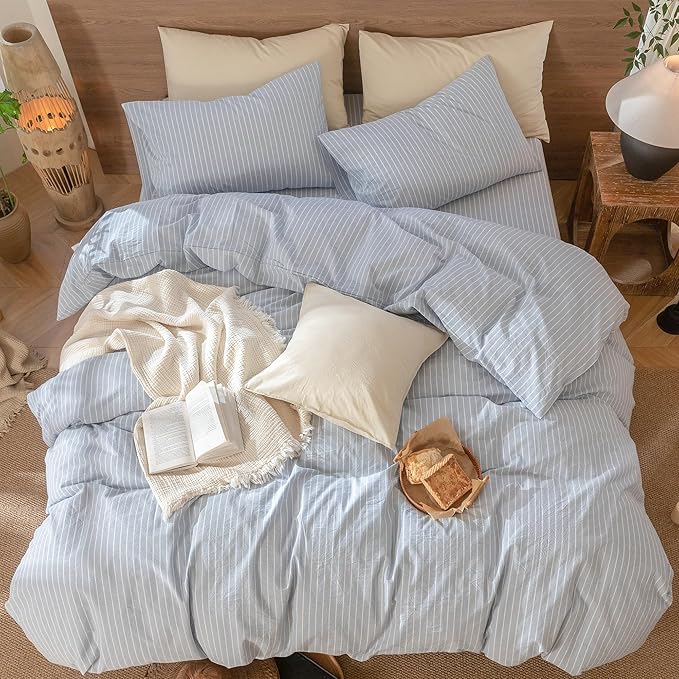 MooMee Striped Duvet Cover Set 100% Washed Cotton Linen Like Textured Breathable Durable Soft Comfy (Cornflower Blue White Wide Stripes, Oversized King Plus 128"x120")