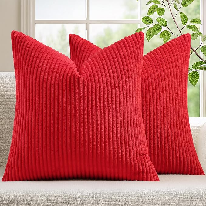 Mecatny Christmas Decorative Corduroy Throw Pillow Covers 22x22 Set of 2 for Sofa Living Room, Soft Neutral Boho Couch Pillow Covers for Home Decor, Red