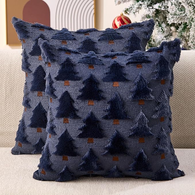 Christmas Pillow Covers 20x20 inch Set of 2 Navy Blue Christmas Decorations Soft Plush Faux Fur Wool Xmas Tree Throw Pillow Cases Winter Holiday Decor for Sofa Living Room PT002H20