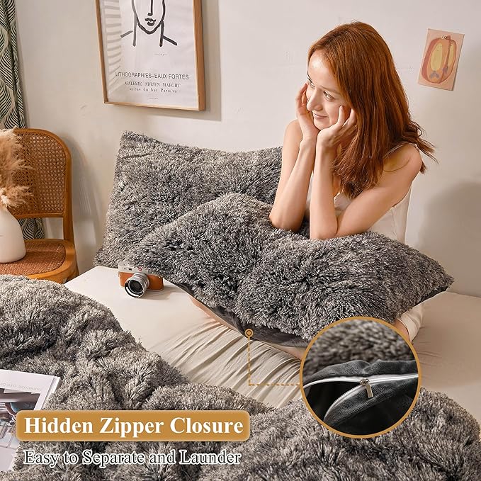 XeGe 2 Pieces Faux Fur Throw Pillow Covers, Shaggy Fluffy Cushion Covers, Cute Fuzzy Decorative Pillow Covers, Plush Furry Velvet Pillowcases for Bed Couch Living Room (18''x18'', Dark Gray Ombre)