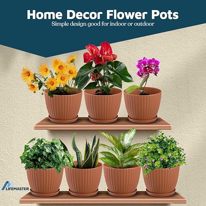Terracotta 6-Inch Plant Pots with Drainage & Saucers 6 Pack, Indoor & Outdoor Planters for Houseplants, Herbs, and Flowers, Durable & Weatherproof Material, Stackable, Lightweight, Minimalist Design