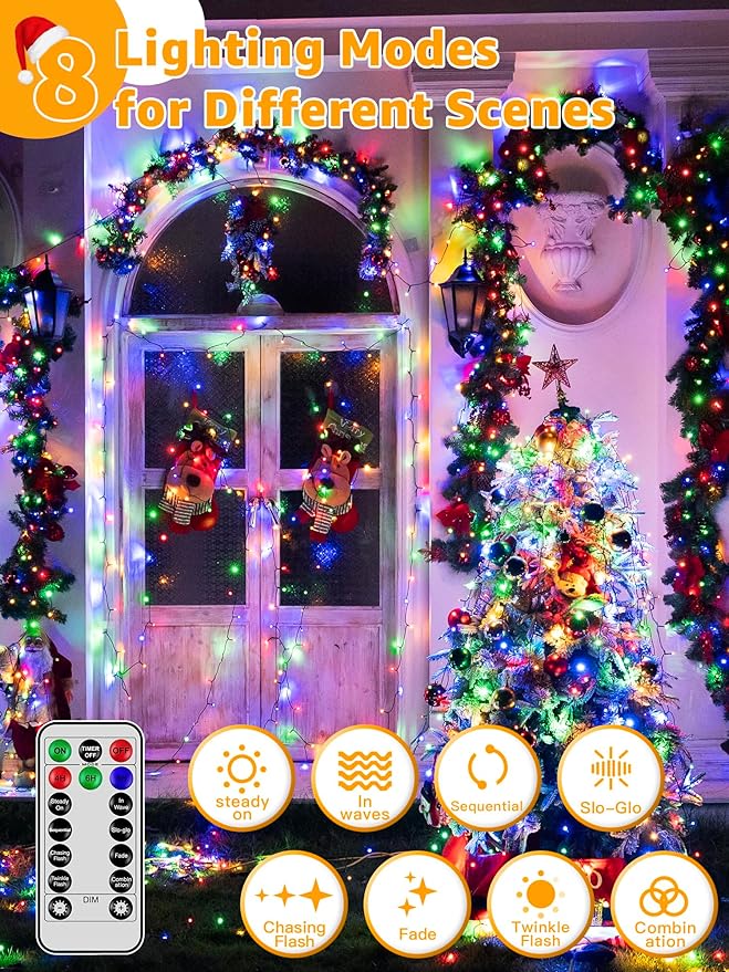 500 LED 164 FT Christmas Lights, Waterproof Outdoor String Lights with Remote and Timer, Christmas Tree Lights with 8 Modes Dimmable, Fairy Lights for Holiday Decor (Multicolor)
