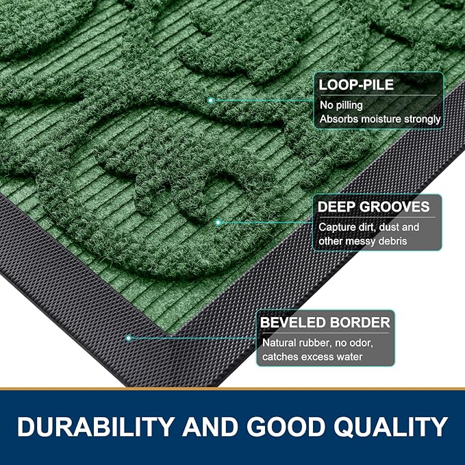 Smiry Welcome Door Mat Outside Entrance, Heavy Duty Trap Dirt and Moisture Easy Clean Low Profile Patio Porch Indoor Outdoor Front Doormat for Entry, 29.5x17 Inch, Green/Welcome