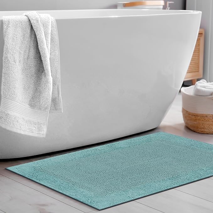Savi Home Bath Mat Rug 17x24 Aqua Blue, 100% Pure Cotton, Super Soft Bath Rug, Plush & Absorbent, Hand Tufted Heavy Weight Construction, Full Reversible Step Out Rugs
