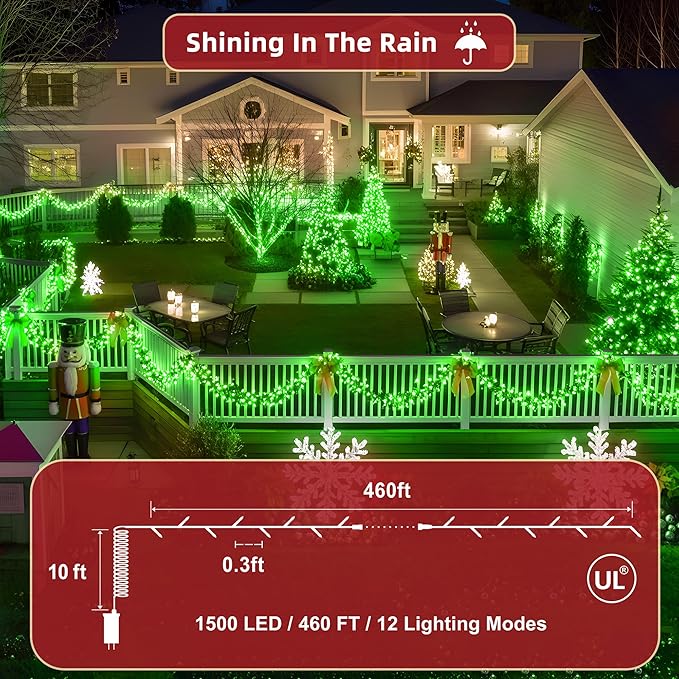 470ft Outdoor Christmas Lights, 1500 LED Super Long String Lights 12 Modes & Timer Memory, Dimmable Outsite Waterproof Light Strings for Xmas Tree Garden Wedding Party Holiday Decorations Green