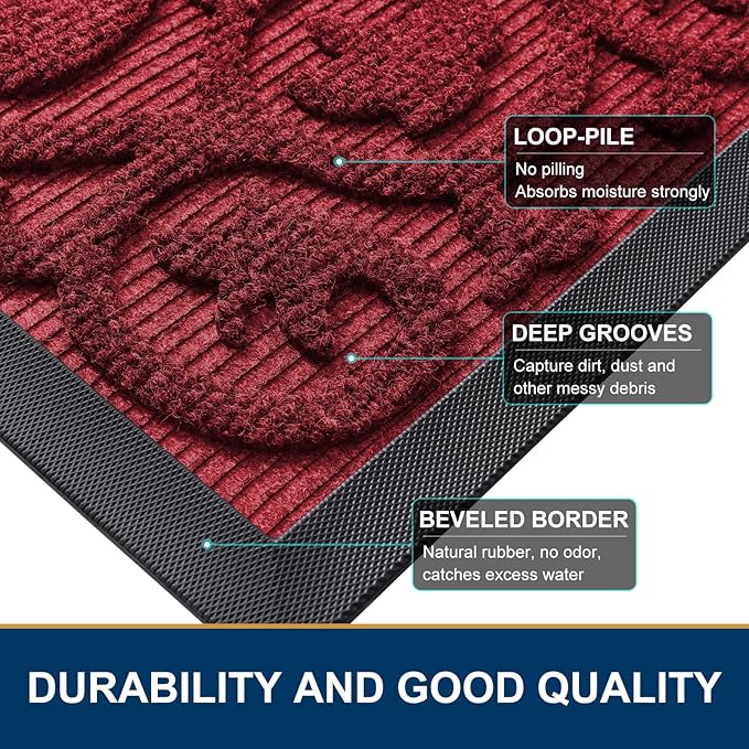 Smiry Welcome Door Mat Outside Entrance, Heavy Duty Trap Dirt and Moisture Easy Clean Low Profile Patio Porch Indoor Outdoor Front Doormat for Entry, 36x24 Inch, Burgundy/Welcome