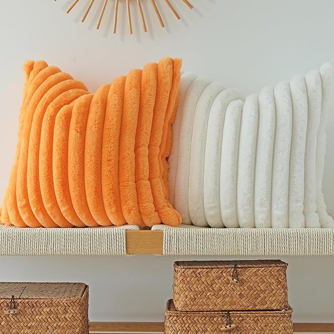 JOJUSIS Pack of 2 Faux Fur Plush Decorative Throw Pillow Covers Couch Cushion Case Soft Pillowcases (Orange, 22 x 22-Inch)
