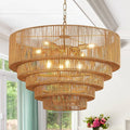 25.6" Large Rattan Chandelier Vintage 8-Lights Farmhouse Boho Hand-Woven Bamboo Chandelier Light Fixture Retro Drum Wicker Golden Chandeliers for Dining Room, Kitchen, Bedroom, E12