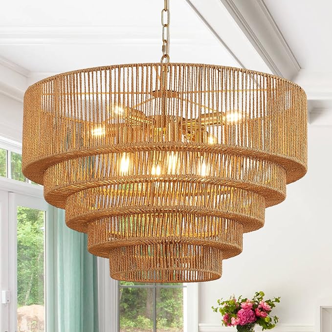 25.6" Large Rattan Chandelier Vintage 8-Lights Farmhouse Boho Hand-Woven Bamboo Chandelier Light Fixture Retro Drum Wicker Golden Chandeliers for Dining Room, Kitchen, Bedroom, E12