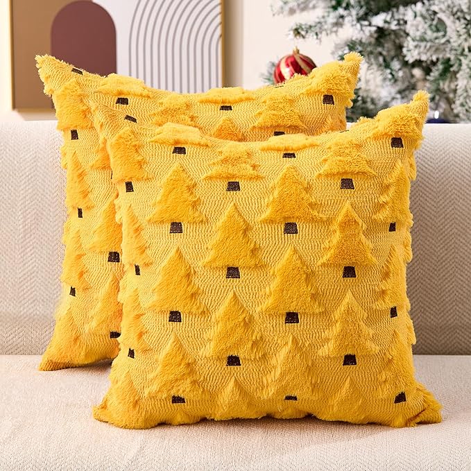 Christmas Pillow Covers 18x18 inch Set of 2 Yellow Xmas Decorations Soft Plush Faux Fur Wool Christmas Tree Throw Pillow Cases Winter Holiday Decor for Sofa Living Room PT002G18