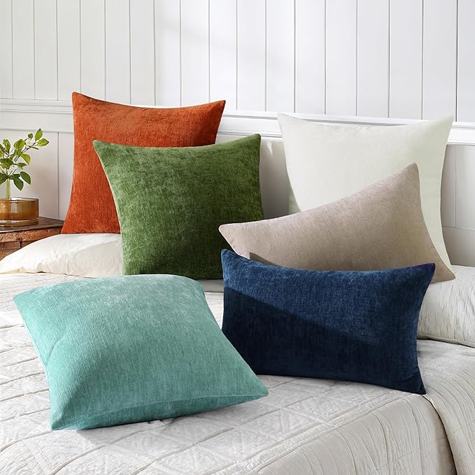 decorUhome Chenille Aqua Haze Throw Pillow Covers 24x24 Inch Set of 2, Decorative Soft Couch Pillow Covers Solid Dyed Accent Velvet Farmhouse Neutral Square Pillow Cases for Sofa Bed Living Room